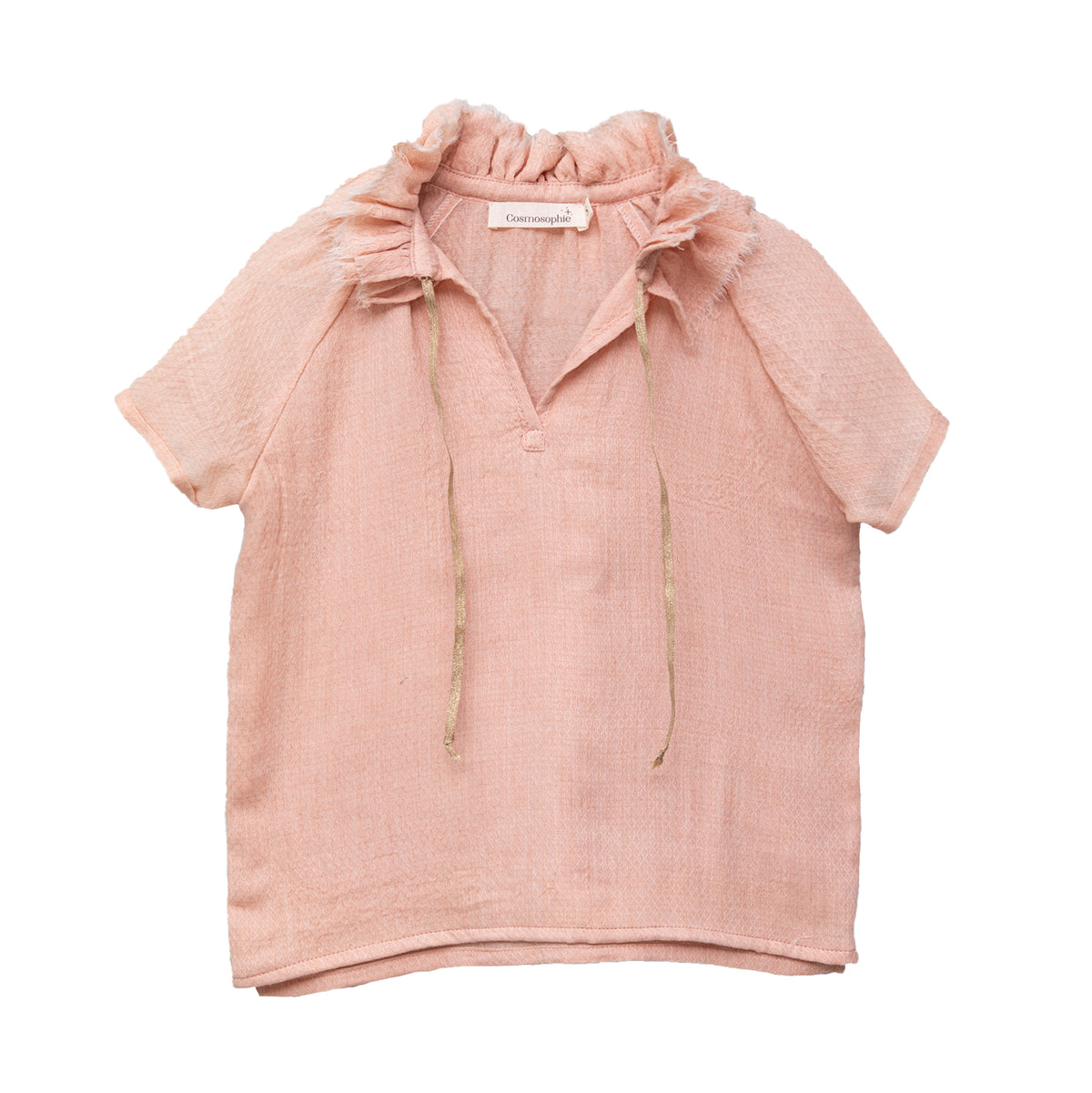 Blusa de mujer rosa con efecto jacquard, cuello de volantes deshilachados y cordones dorados. Diseño femenino y especial.