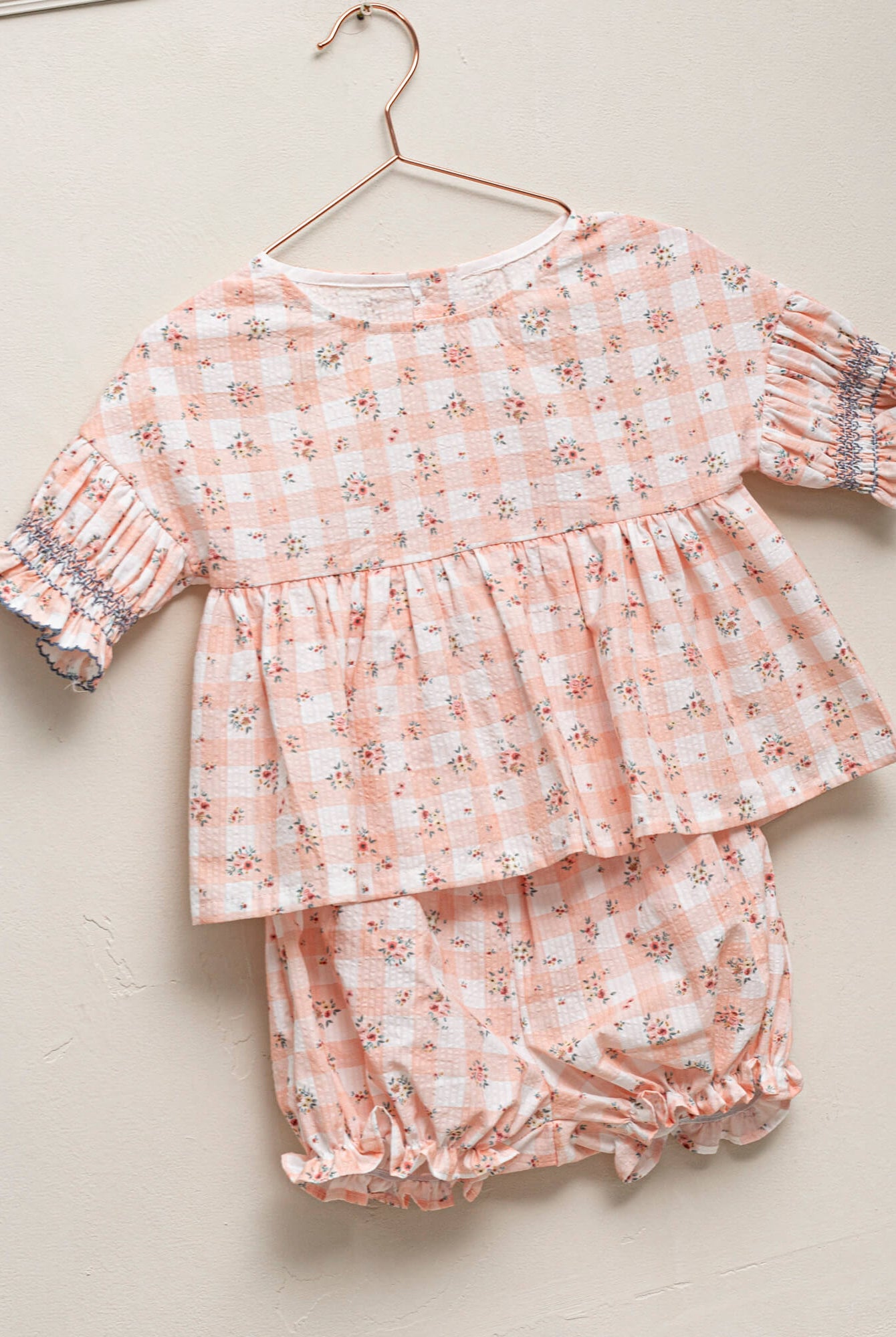 Conjunto blusa y bombacho en vichy rosa para niña Cosmosophie