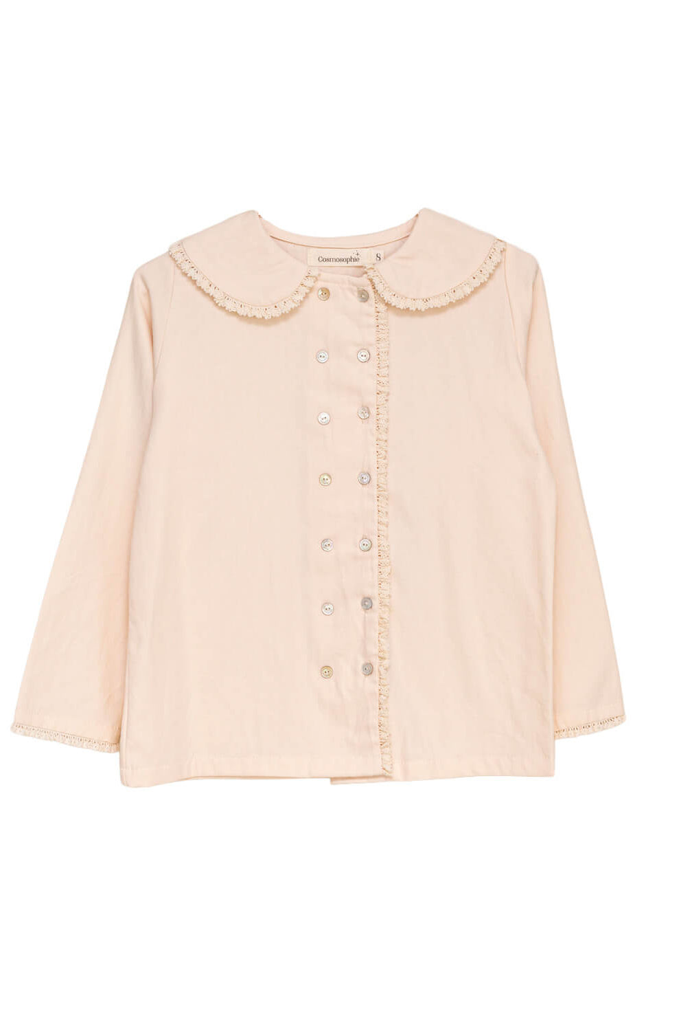 Blusa elegante para niña de algodón con cuello Peter Pan, doble botonadura y delicados detalles de encaje. Diseño atemporal de Cosmosophie para looks especiales…