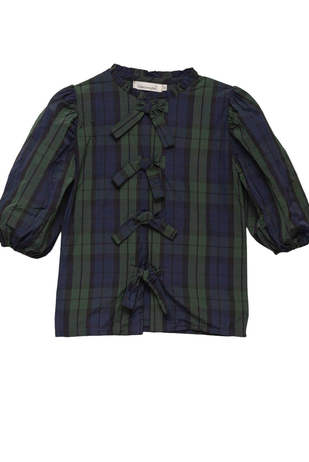 Blusa elegante para niña de cuadros con mangas abullonadas y lazadas delanteras. Diseño atemporal de Cosmosophie para ocasiones especiales.