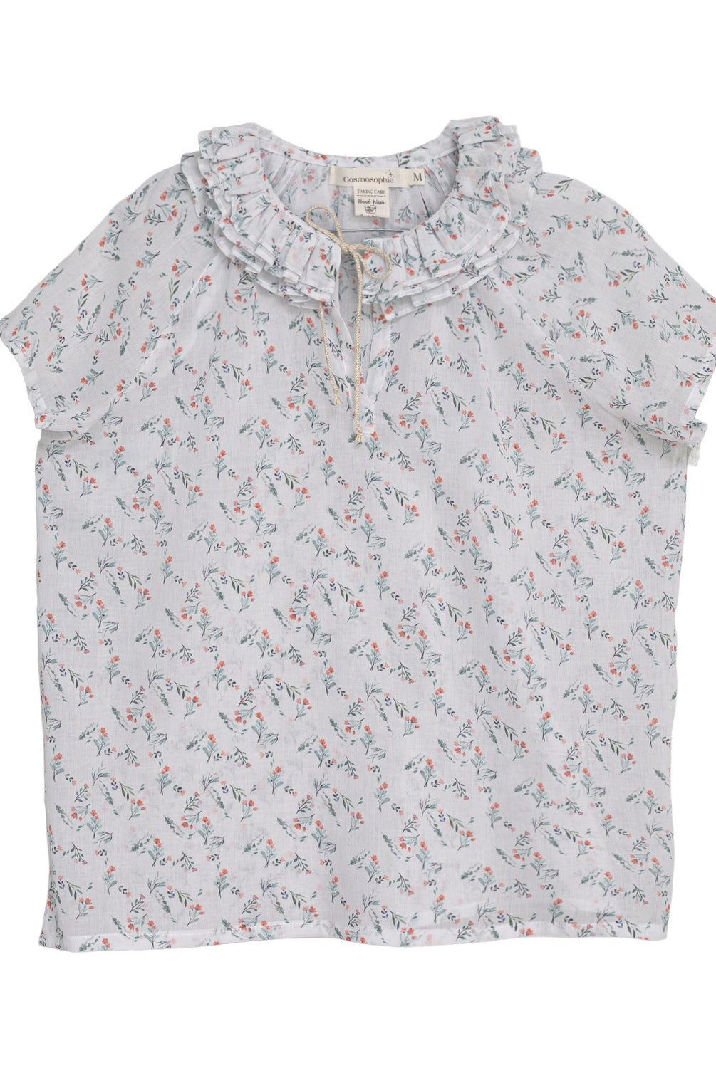 Blusa con cuello volantes flores azul y blanco. Cosmosophie