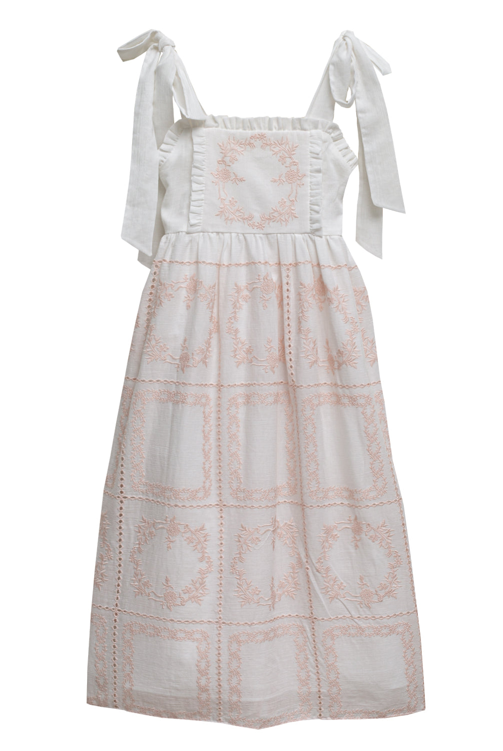Vestido de tirantes Dune Blanco con bordados rosas para arras Cosmosophie