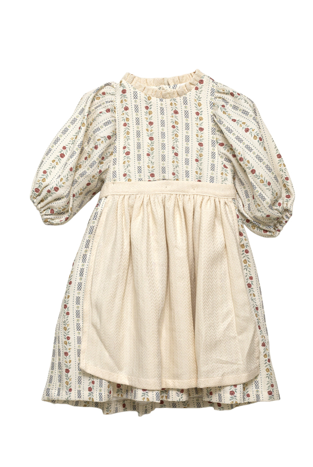 Vestido elegante para niña de algodón estampado floral, con mangas abullonadas y delantal de algodón texturizado. Diseño vintage de Cosmosophie para ocasiones especiales.