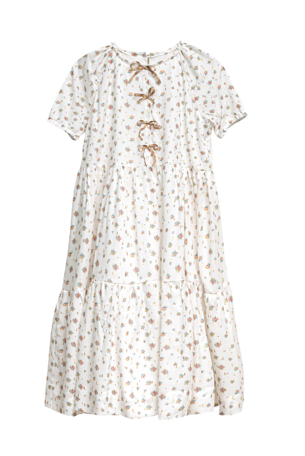 Vestido elegante de invitada para niña y adolescente de flores y puntos dorados. Con lazos en el pecho para bautizo boda o comunion. Cosmosophie