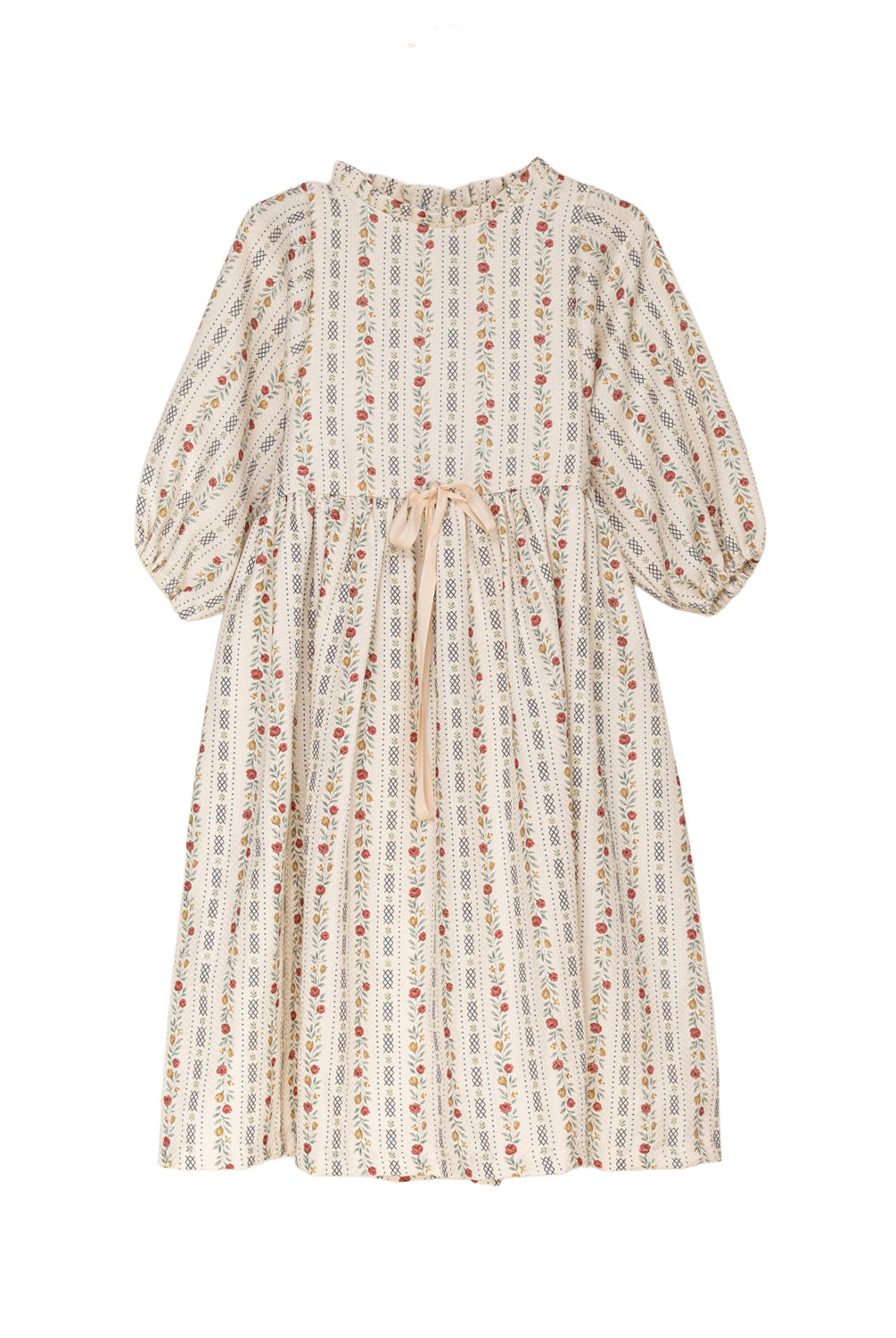 Vestido elegante para niña de algodón con estampado floral vintage, mangas abullonadas y lazo en la cintura. Diseño atemporal de Cosmosophie para ocasiones especiales.