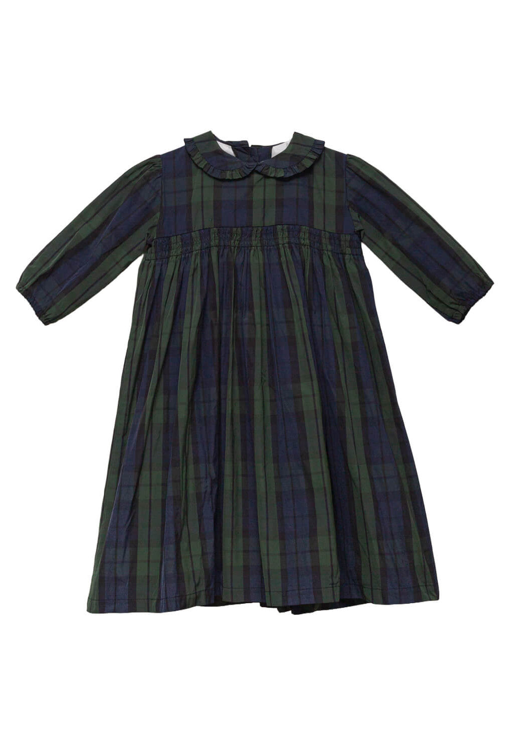 Vestido elegante de niña Paola en tafetán de cuadros verde y azul marino. Un diseño clásico y sofisticado, perfecto para ocasiones especiales.