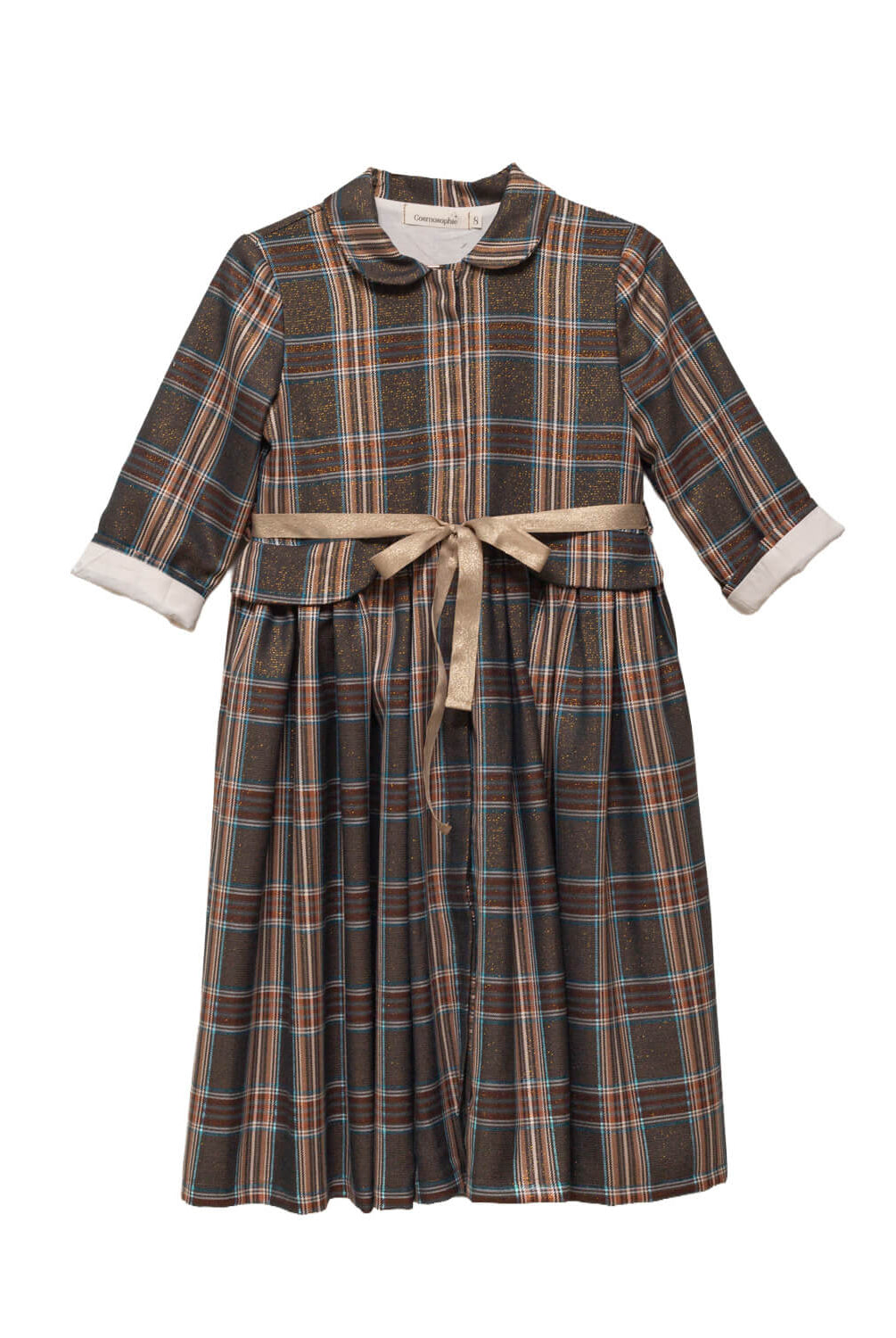 Vestido-abrigo Seven para niña en lana fría de poliéster con cuadros plaid Roble, botones ocultos y cinturón dorado. Elegante y versátil.