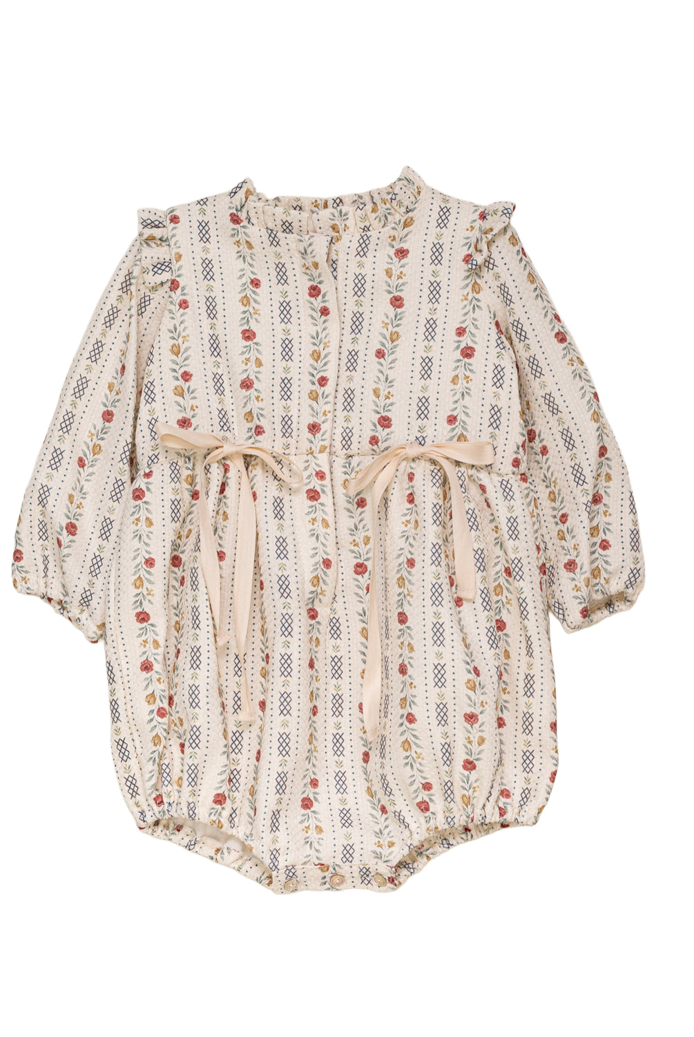 Ranita elegante de algodón para bebé con estampado floral vintage, mangas abullonadas y lazos en la cintura. Diseño de Cosmosophie para ocasiones especiales.