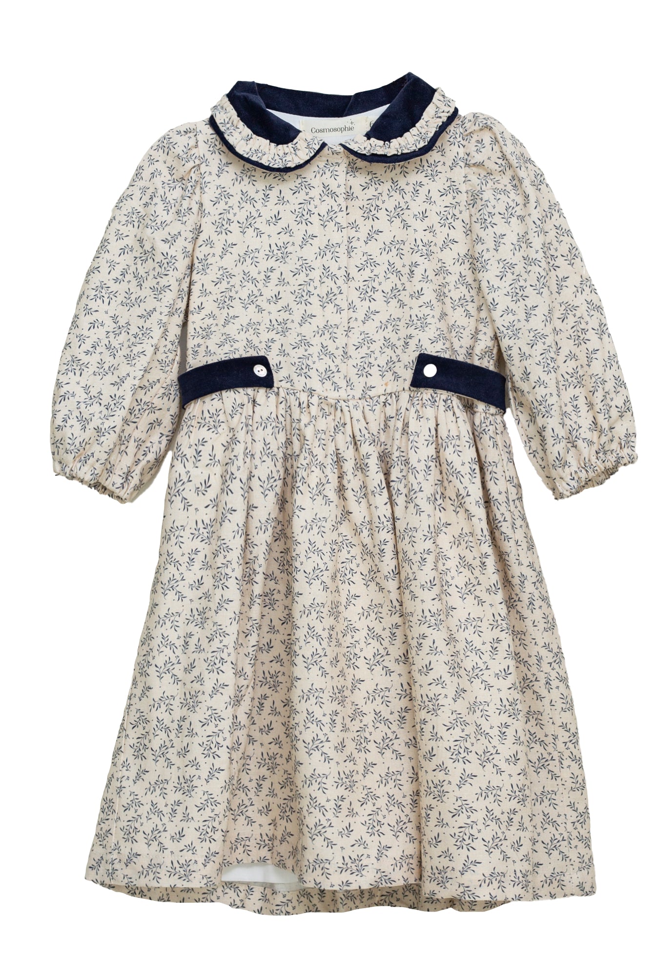 Vestido lino beige con flores azul marino y cuello terciopelo Cosmosophie