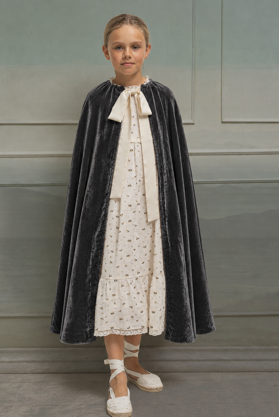Capa de terciopelo color gris oscuro para trajes de arras. Cosmosophie.com