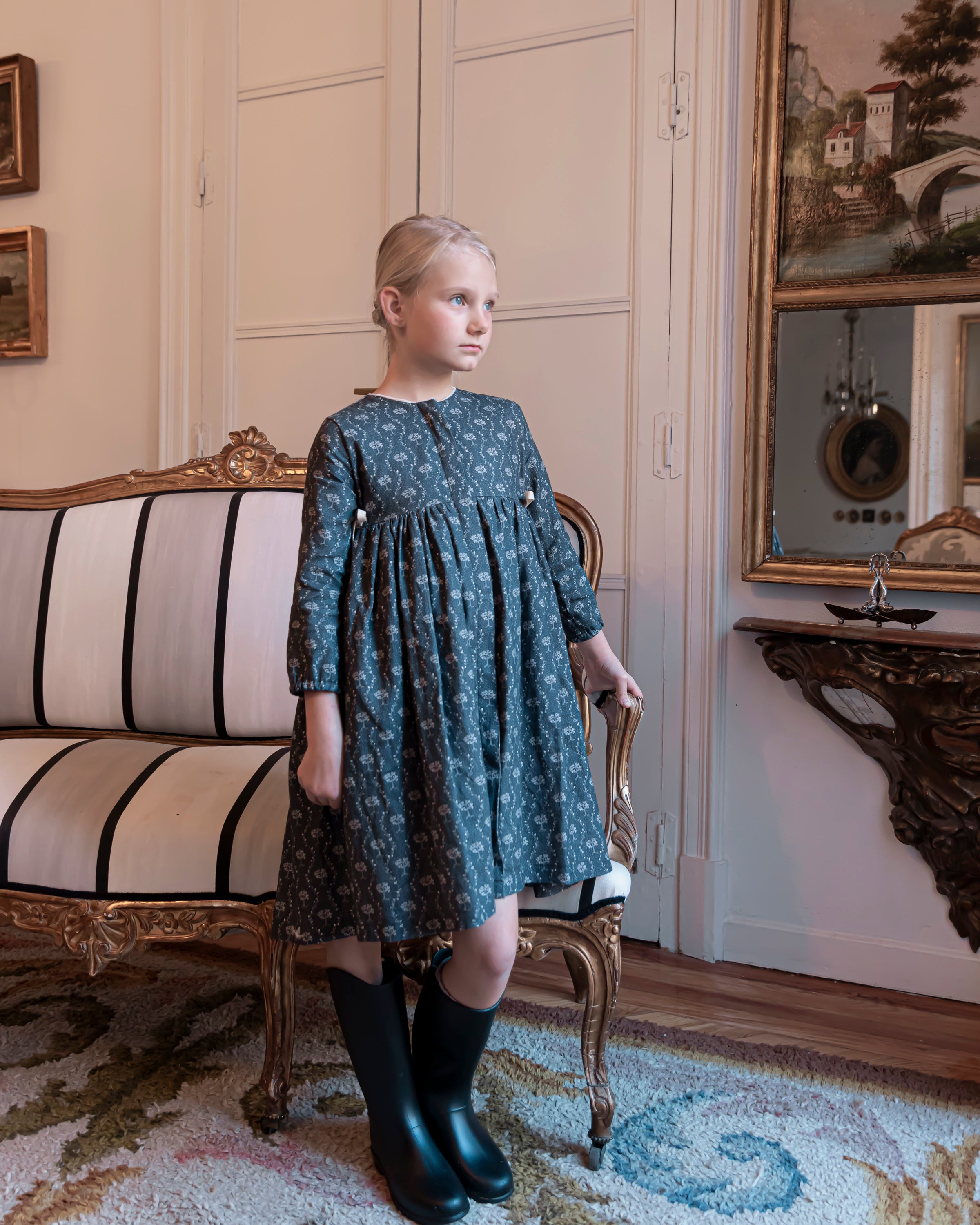 Vestido lino azul noche estampado arboles Cosmosophie