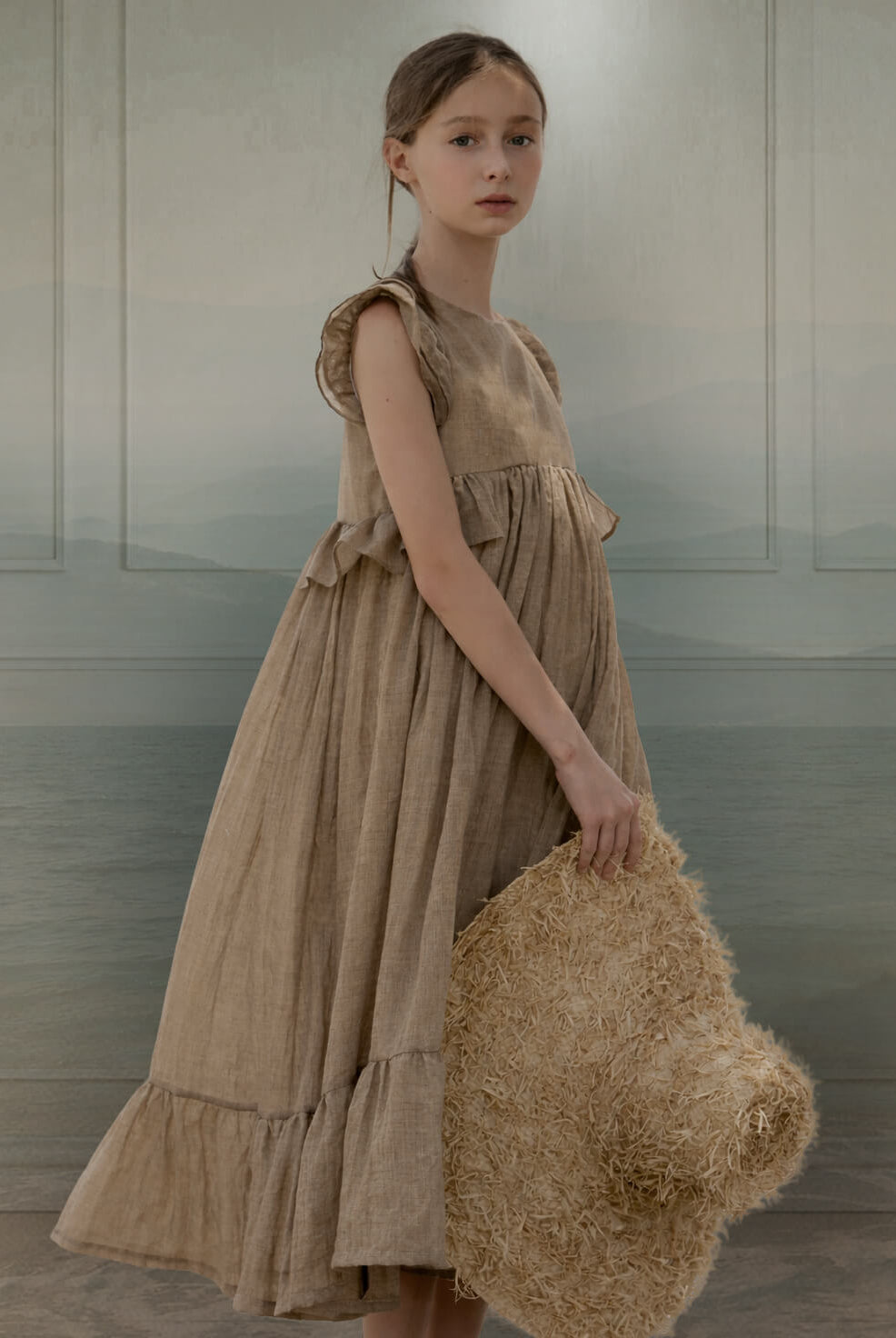 vestido de arras largo el color toffe lino para niñas Cosmosophie
