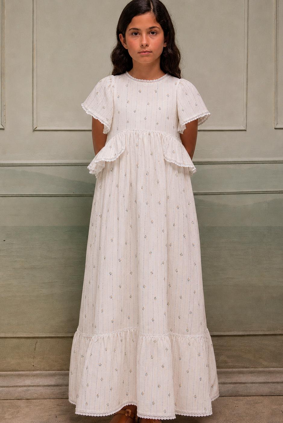 Traje de arras largo para niña de flores con toque dorado Cosmosophie