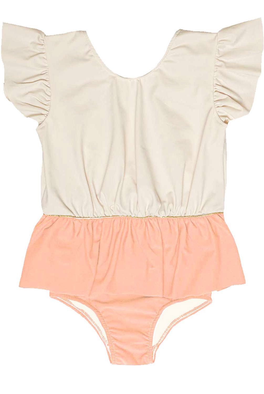 Traje baño niña con falda original y diferente, con volantes en las mangas