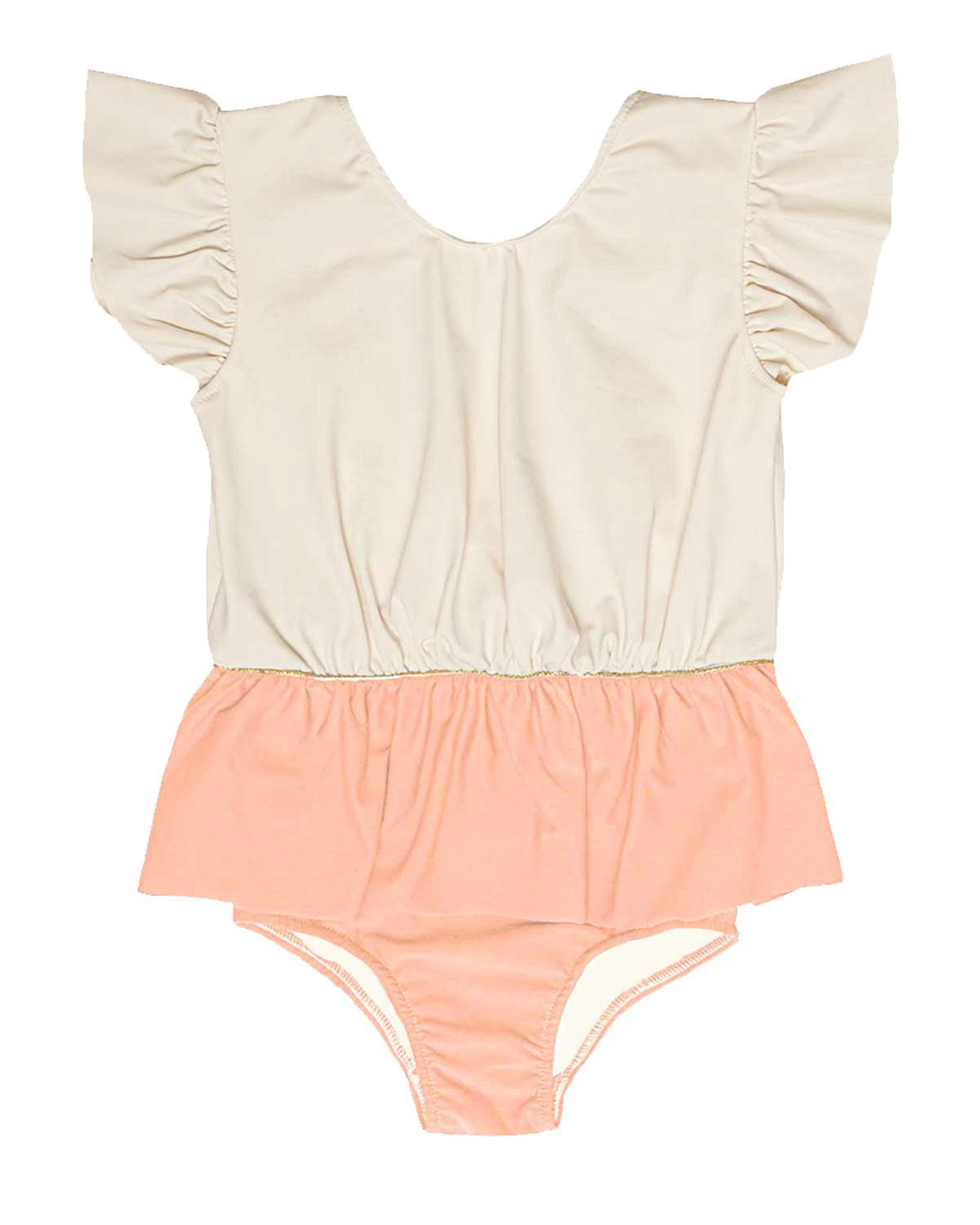 Traje baño niña con falda original y diferente, con volantes en las mangas