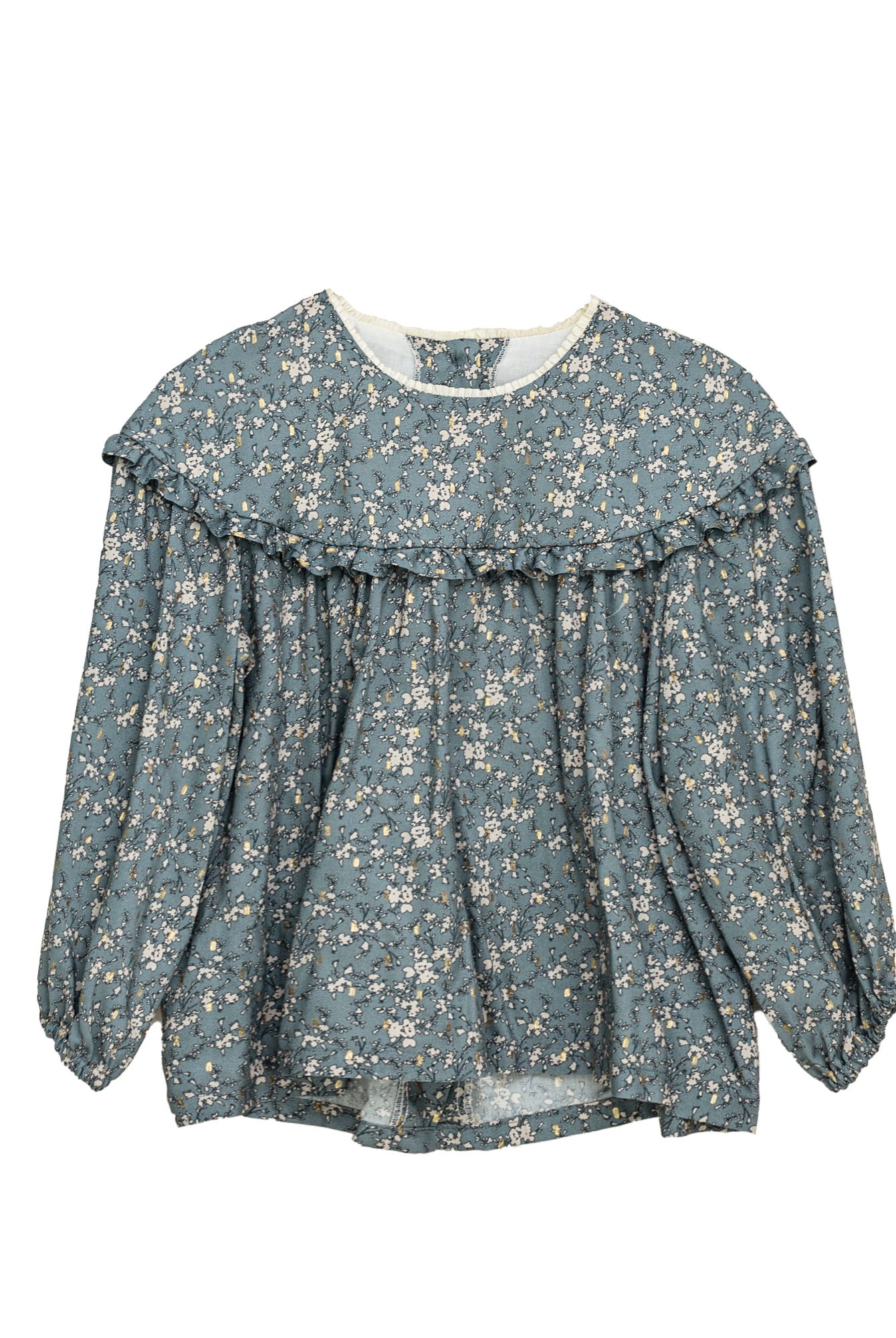 Blusa adolescente azul grisaceo con flores en beige y oro Cosmosophie