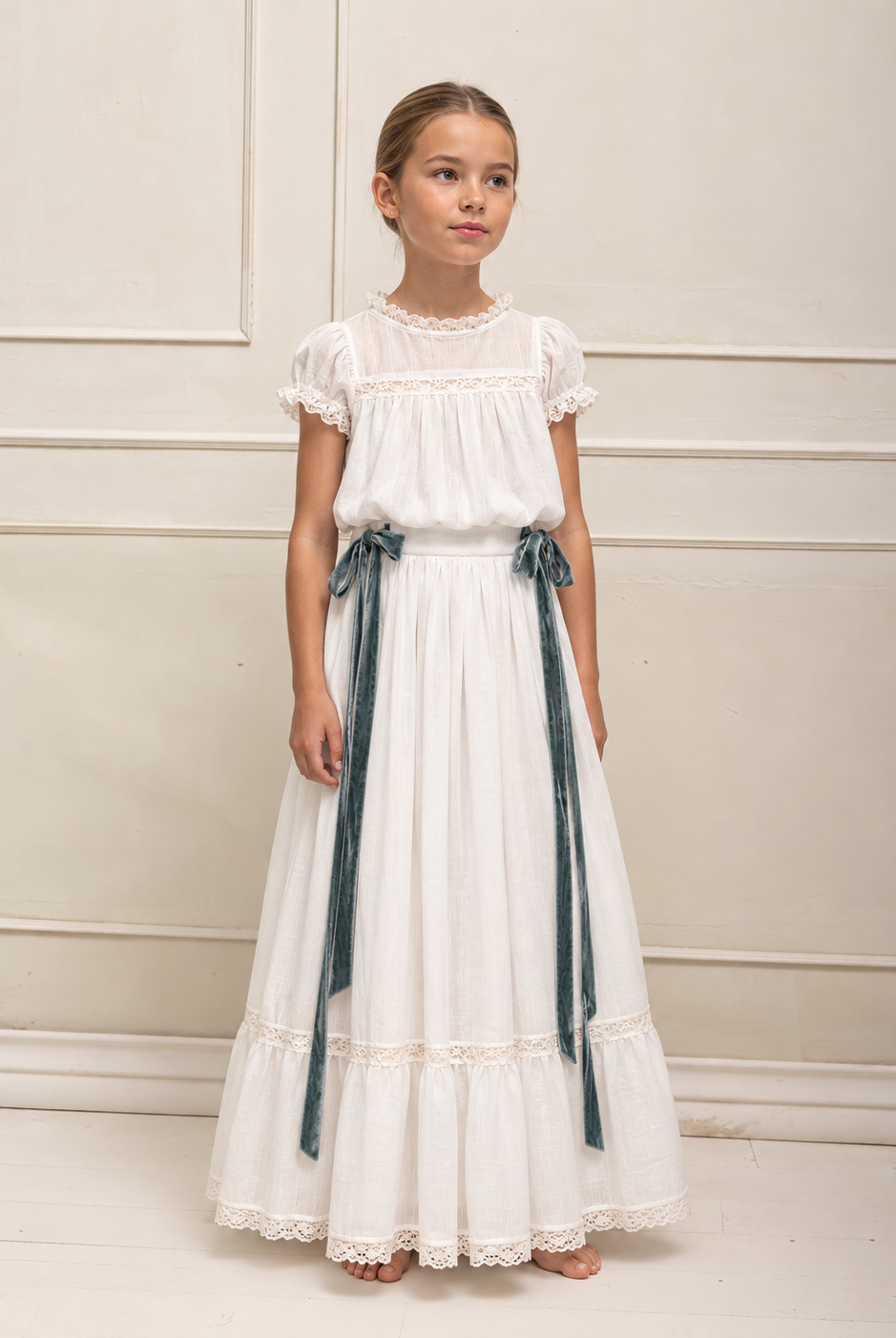 Conjunto de Primera Comunion de falda larga y blusa en blanco roto con encaje, Paola. Cosmosophie.