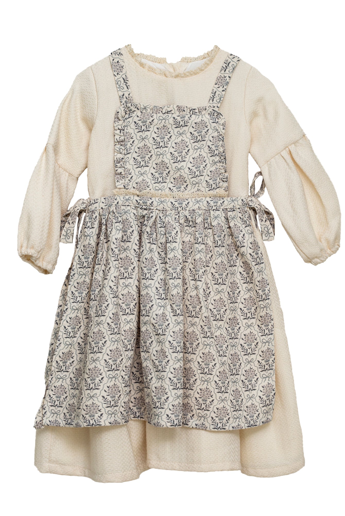 Vestido beige con delantal de flores en azul y gris de Cosmosophie