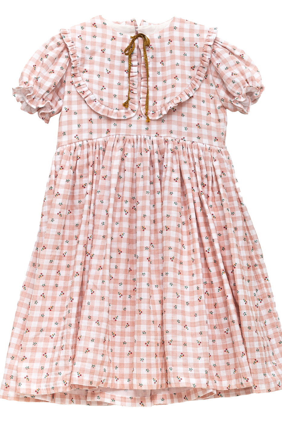 Vestido vichy con flores gran cuello y lacito oro Cosmosophie