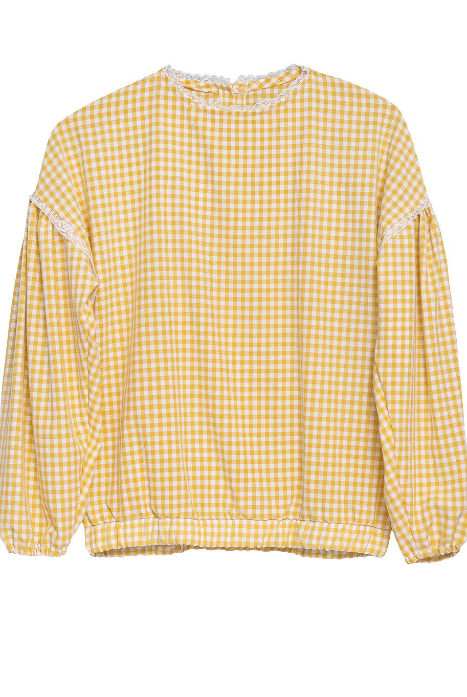 blusa vichy amarillo con detalles de encaje estilo retro