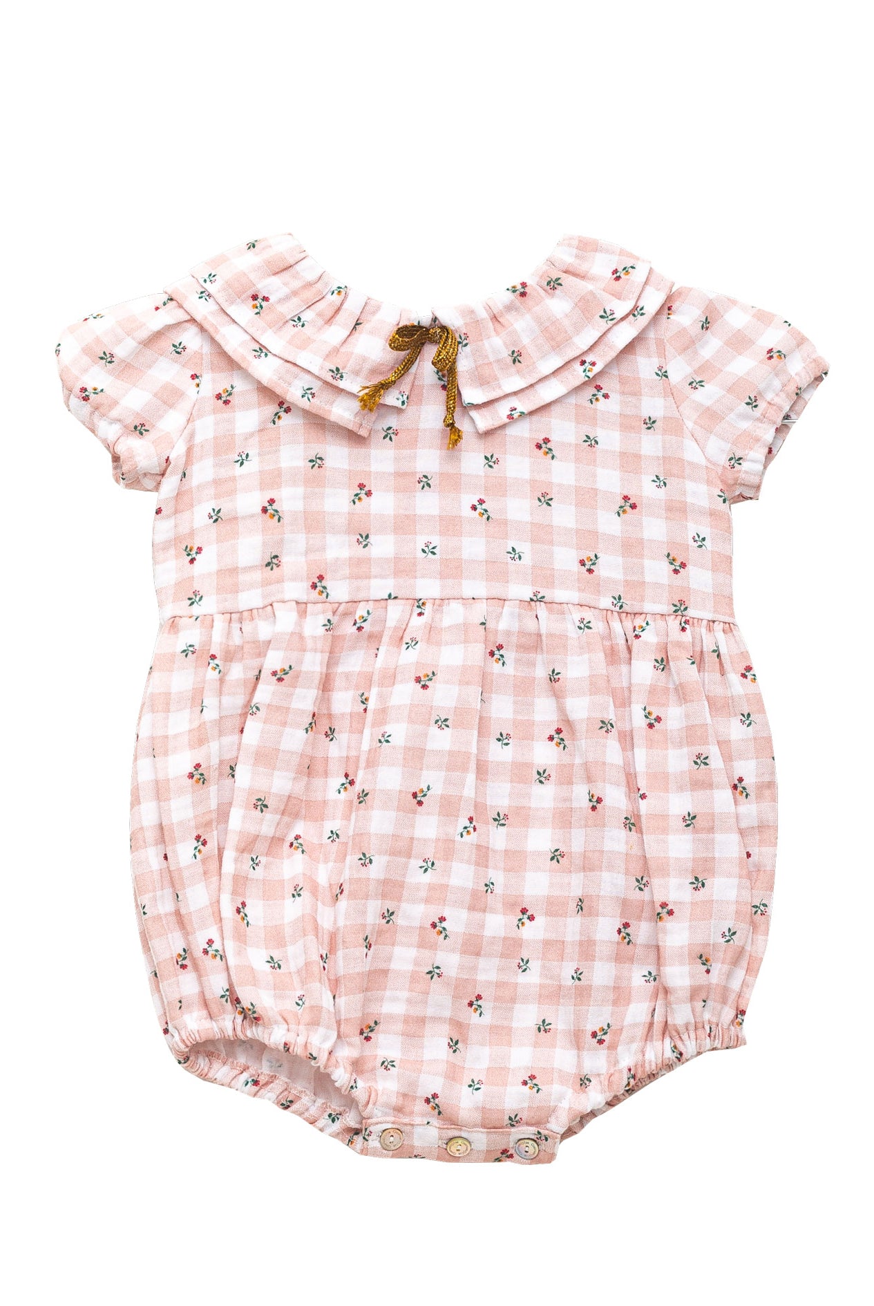 Romper for baby dress in gingham print with flowers. Ruffle neck and gold bow detail. Cosmosophie