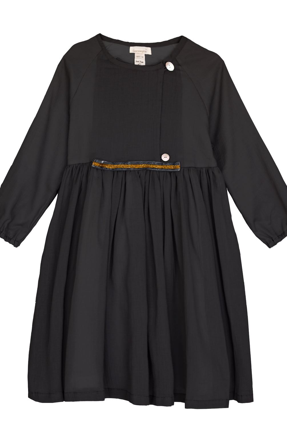 Modest dress in black. Long sleeve. Crossed chest. Velvet and gold detail. European brand dresses