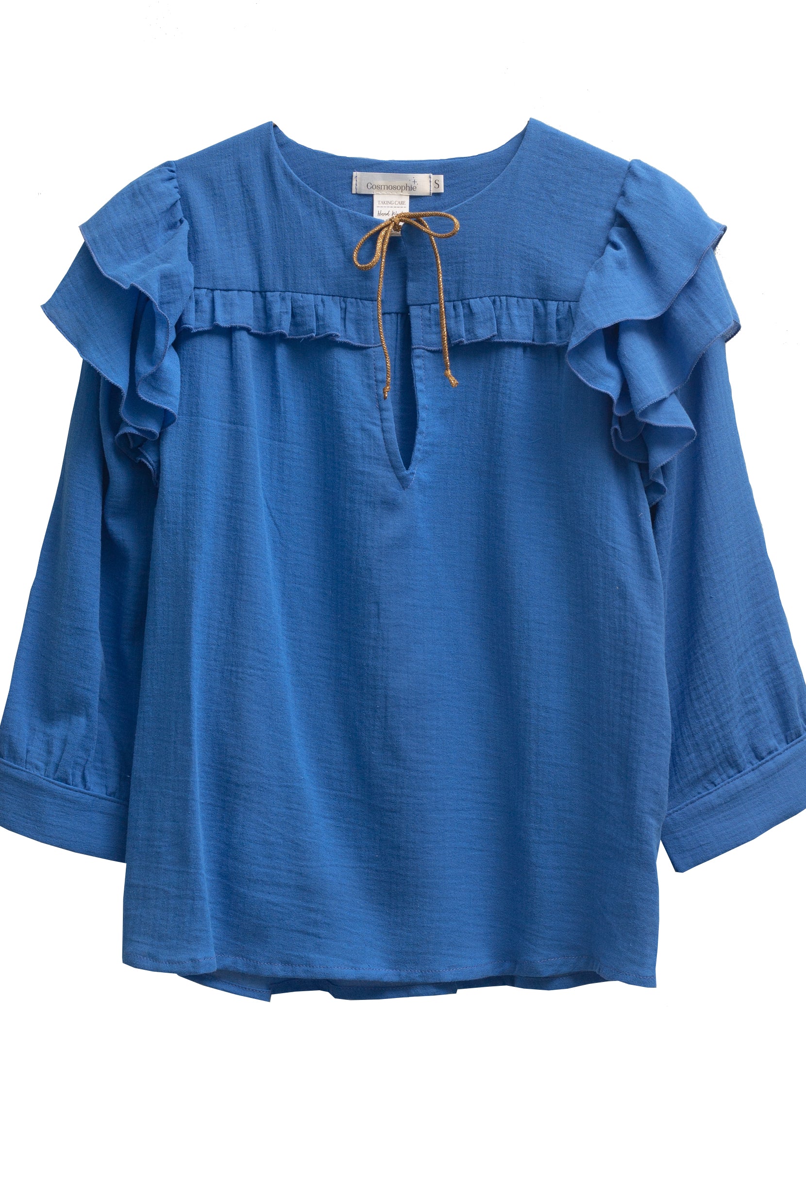 Cyan blue blouse with double ruffle on the sleeve and gold bow on the neck. Three-quarter sleeves and ruffle detail