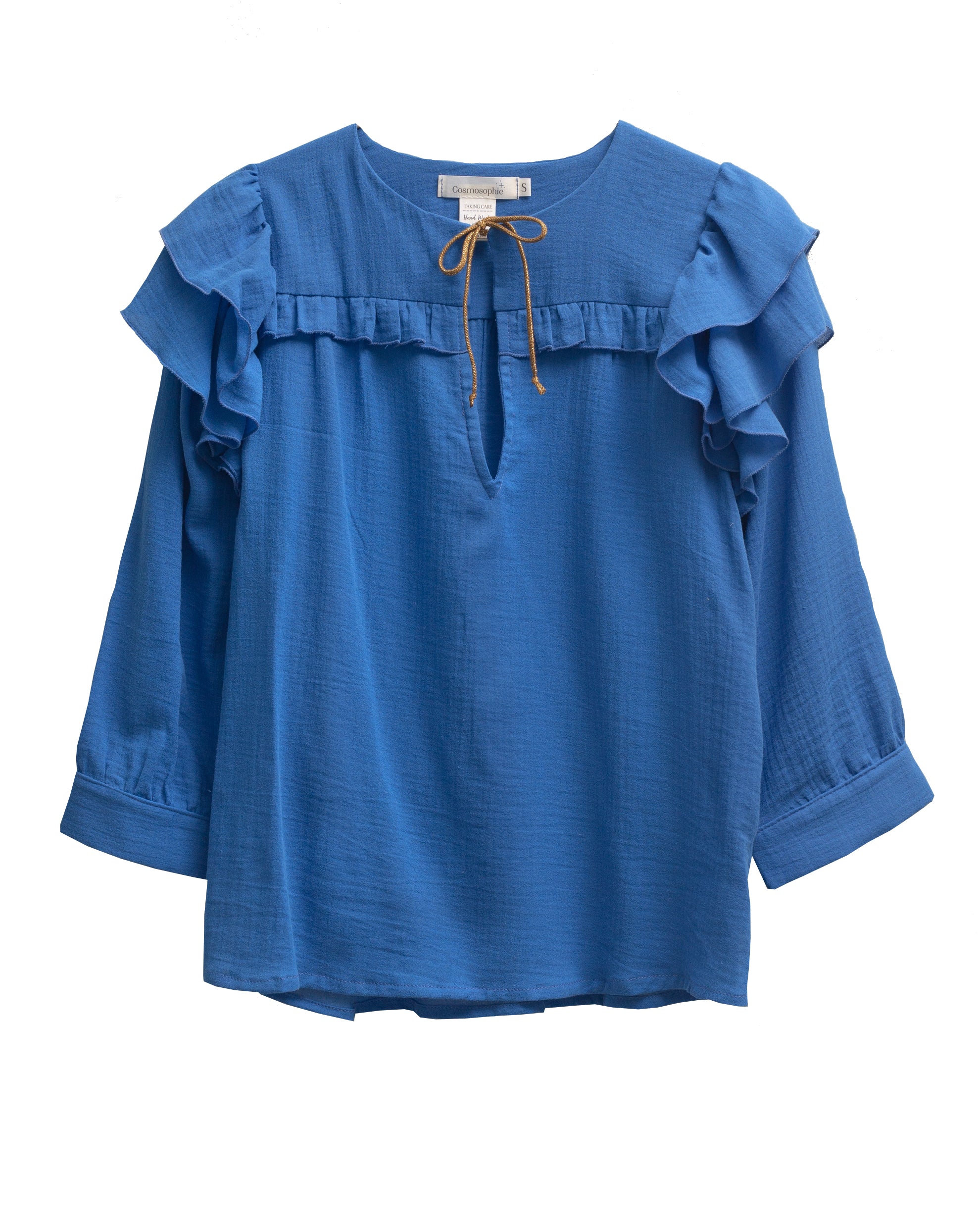 Cyan blue blouse with double ruffle on the sleeve and gold bow on the neck. Three-quarter sleeves and ruffle detail