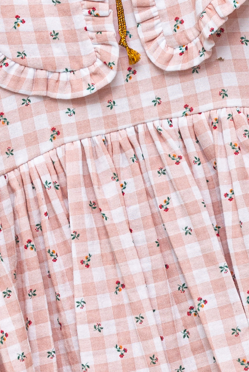 Vestido vichy con flores gran cuello y lacito oro Cosmosophie