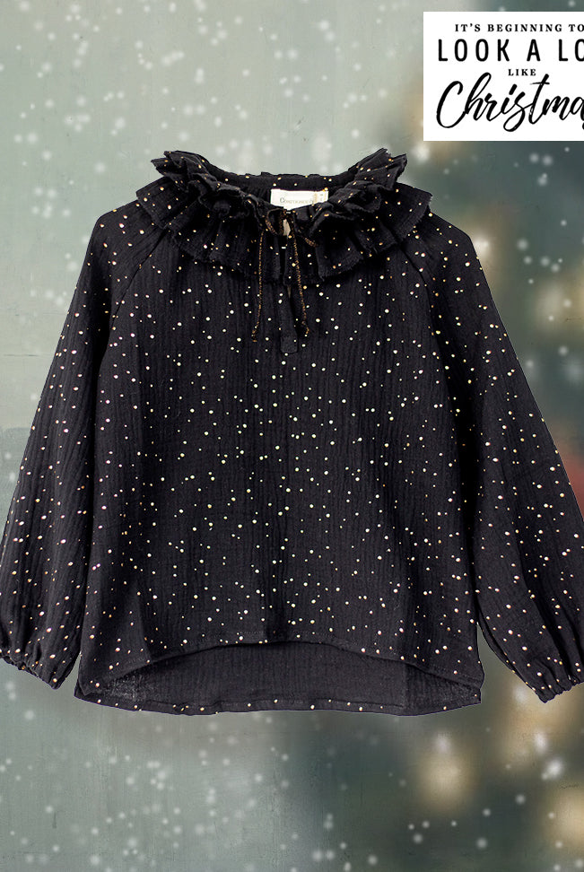 christmas shirt for party special occasion. blusa para navidad para niña negro y oro