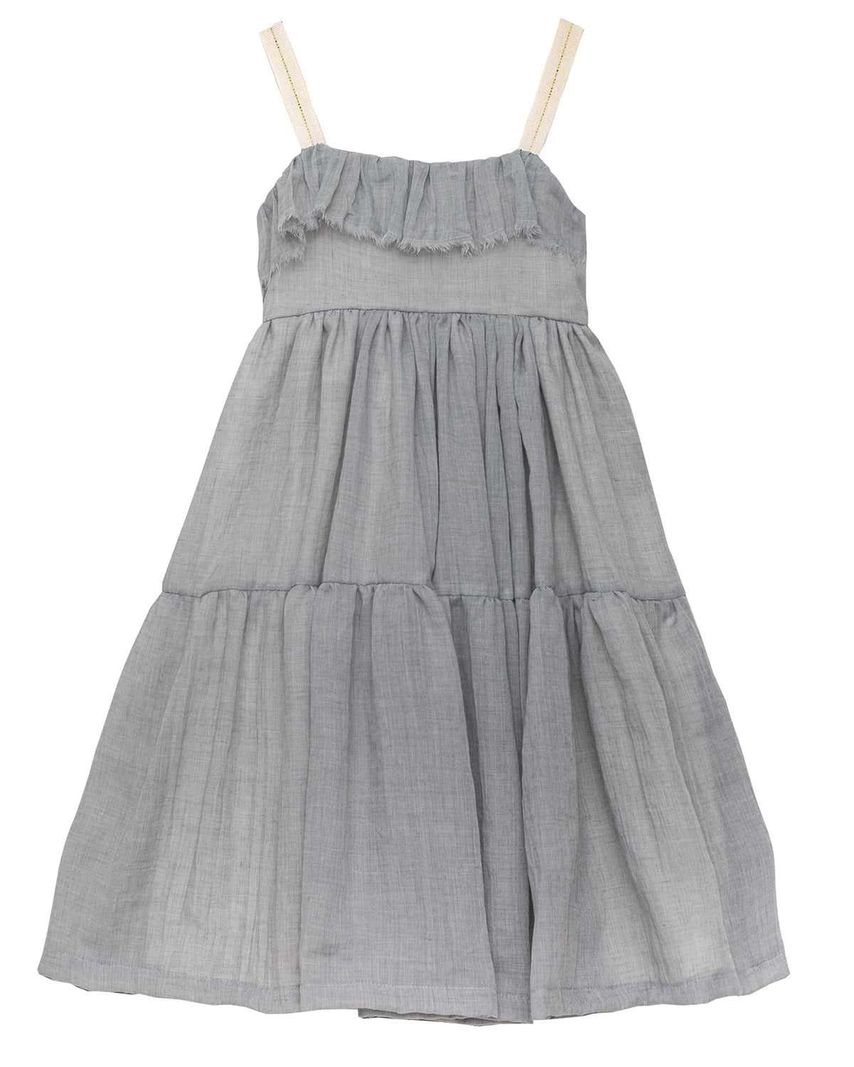 Vestido de tirantes para niña y adolescente en color gris y falda de volantes. Para bodas bauttizos o comunion. Cosmosphie