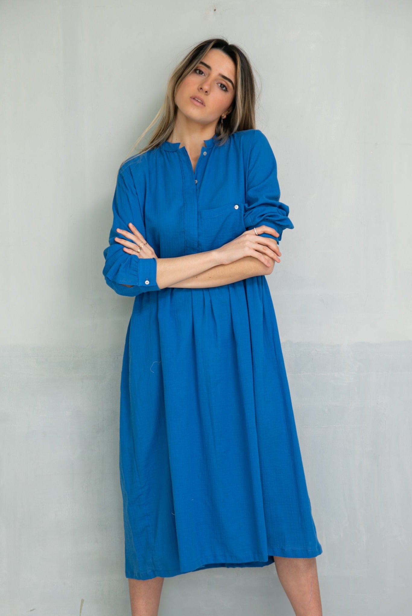 Long dress modest in blue cotton azzure cosmosophie cian dress