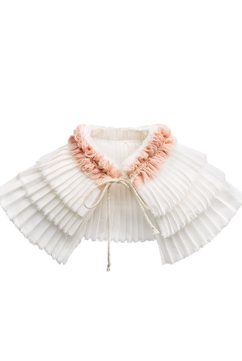hand pleated linen collar with pink detail and gold bow