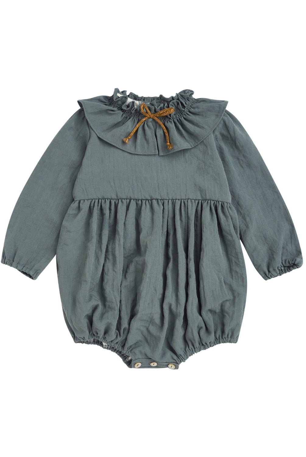 Ranita azul con cuello de volante y lazada en oro para bebe.