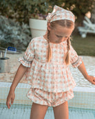 Conjunto blusa y bombacho en vichy rosa para niña Cosmosophie