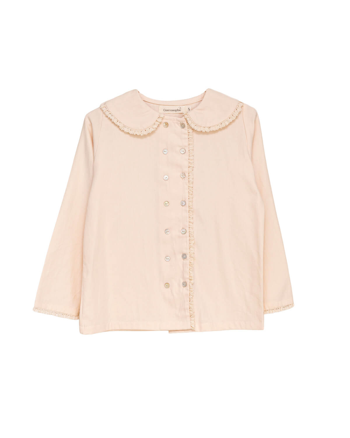 Blusa elegante para niña de algodón con cuello Peter Pan, doble botonadura y delicados detalles de encaje. Diseño atemporal de Cosmosophie para looks especiales…