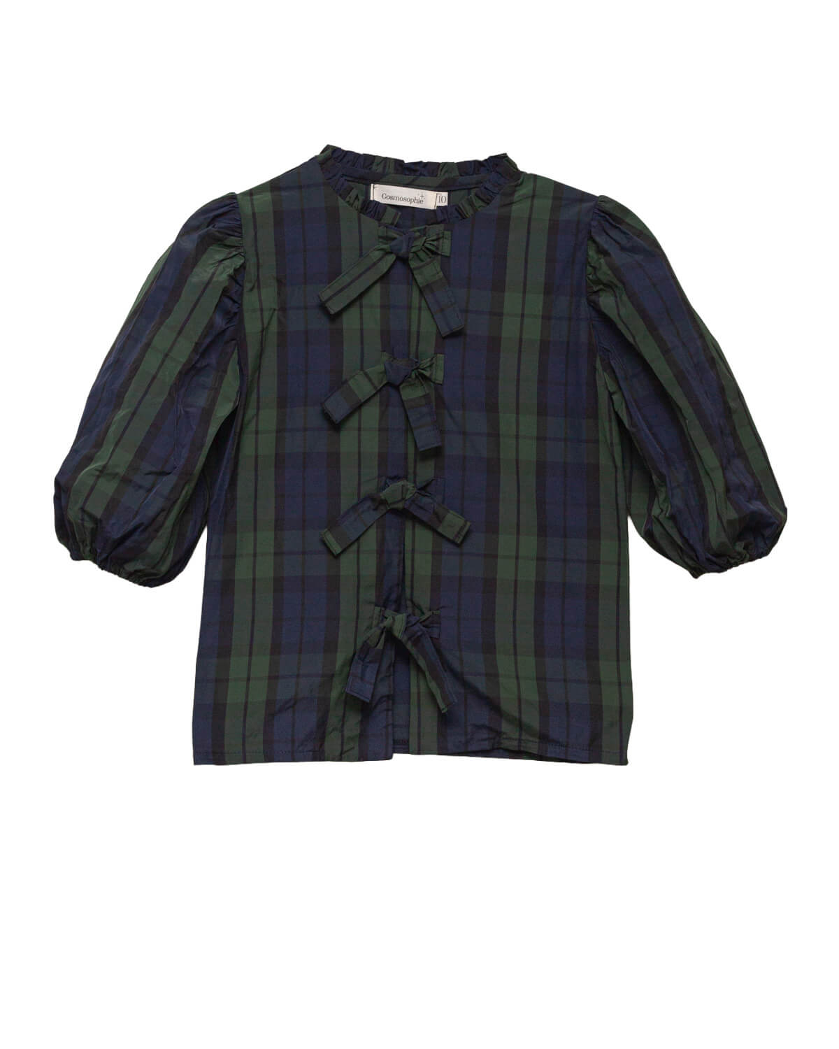 Blusa elegante para niña de cuadros con mangas abullonadas y lazadas delanteras. Diseño atemporal de Cosmosophie para ocasiones especiales.