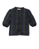 Blusa elegante para niña de cuadros con mangas abullonadas y lazadas delanteras. Diseño atemporal de Cosmosophie para ocasiones especiales.