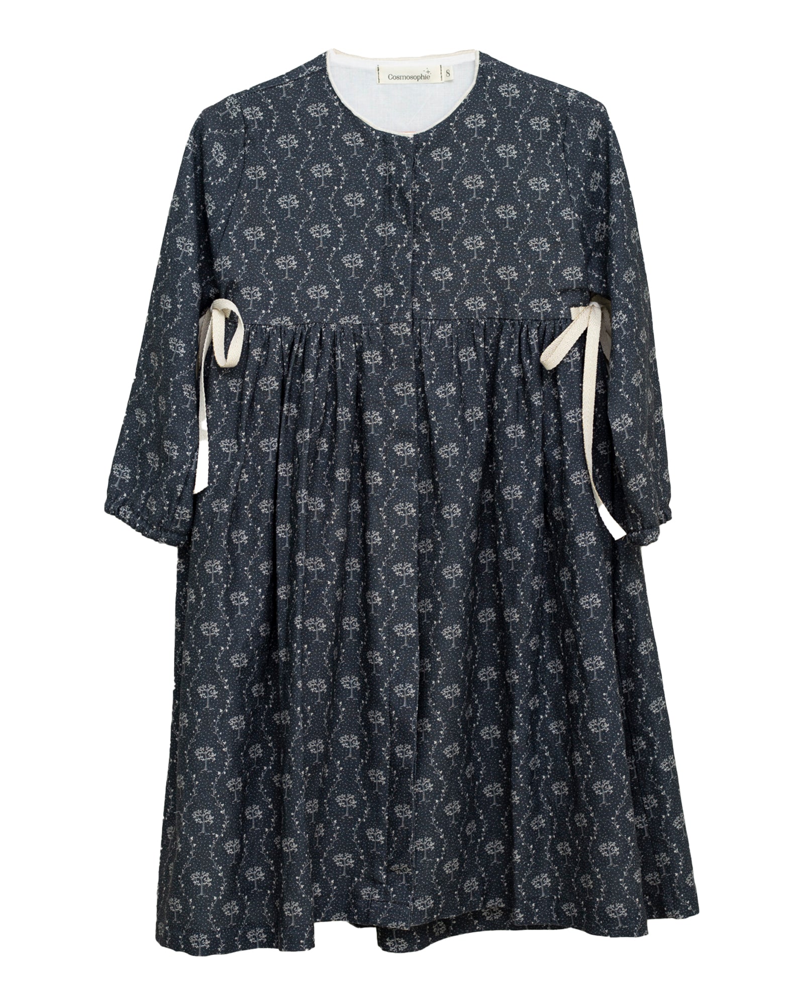 Vestido lino azul noche estampado arboles Cosmosophie