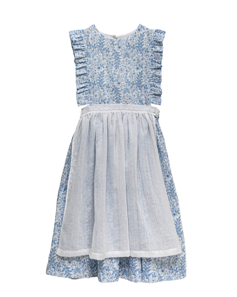 Vestido pichi con volantes en el pecho y estampado de flores en tonos azules. Cosmosophie