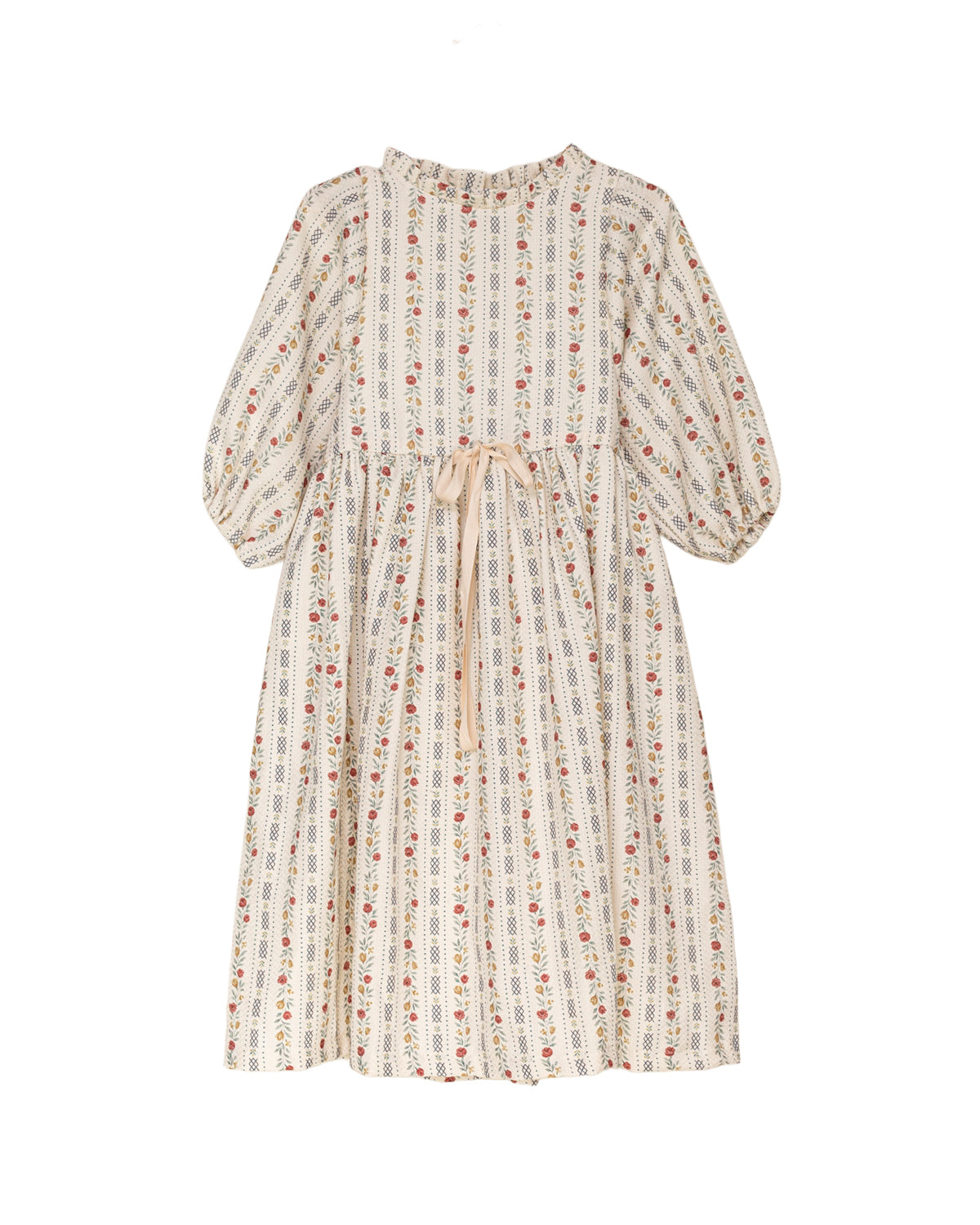 Vestido elegante para niña de algodón con estampado floral vintage, mangas abullonadas y lazo en la cintura. Diseño atemporal de Cosmosophie para ocasiones especiales.