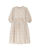 Vestido elegante para niña de algodón con estampado floral vintage, mangas abullonadas y lazo en la cintura. Diseño atemporal de Cosmosophie para ocasiones especiales.