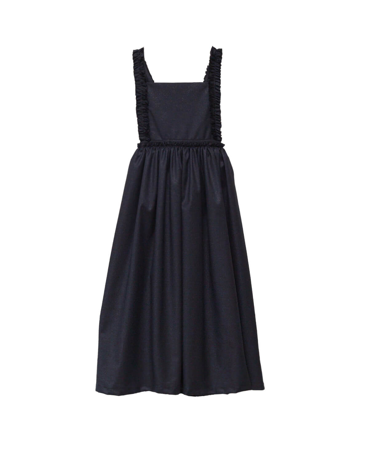 Pichi Pola Glow para niña en lana fría con sutil brillo y tirantes con volantes. Un diseño elegante y femenino, confeccionado en Madrid.