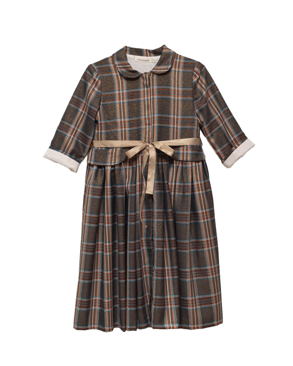 Vestido-abrigo Seven para niña en lana fría de poliéster con cuadros plaid Roble, botones ocultos y cinturón dorado. Elegante y versátil.