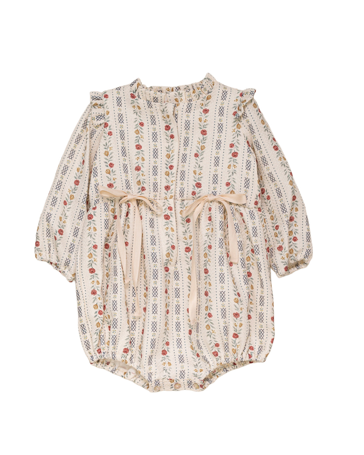 Ranita elegante de algodón para bebé con estampado floral vintage, mangas abullonadas y lazos en la cintura. Diseño de Cosmosophie para ocasiones especiales.