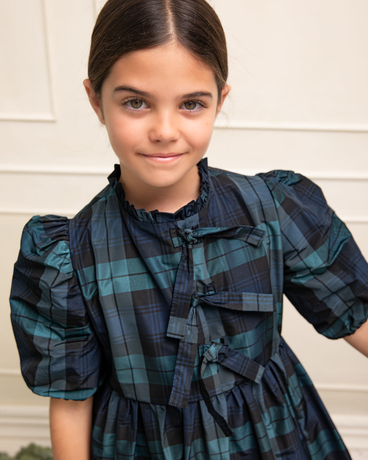 Vestido tartan en tafeta con lazo en tonos azules Cosmosophie