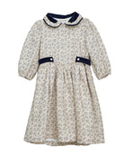 Vestido lino beige con flores azul marino y cuello terciopelo Cosmosophie