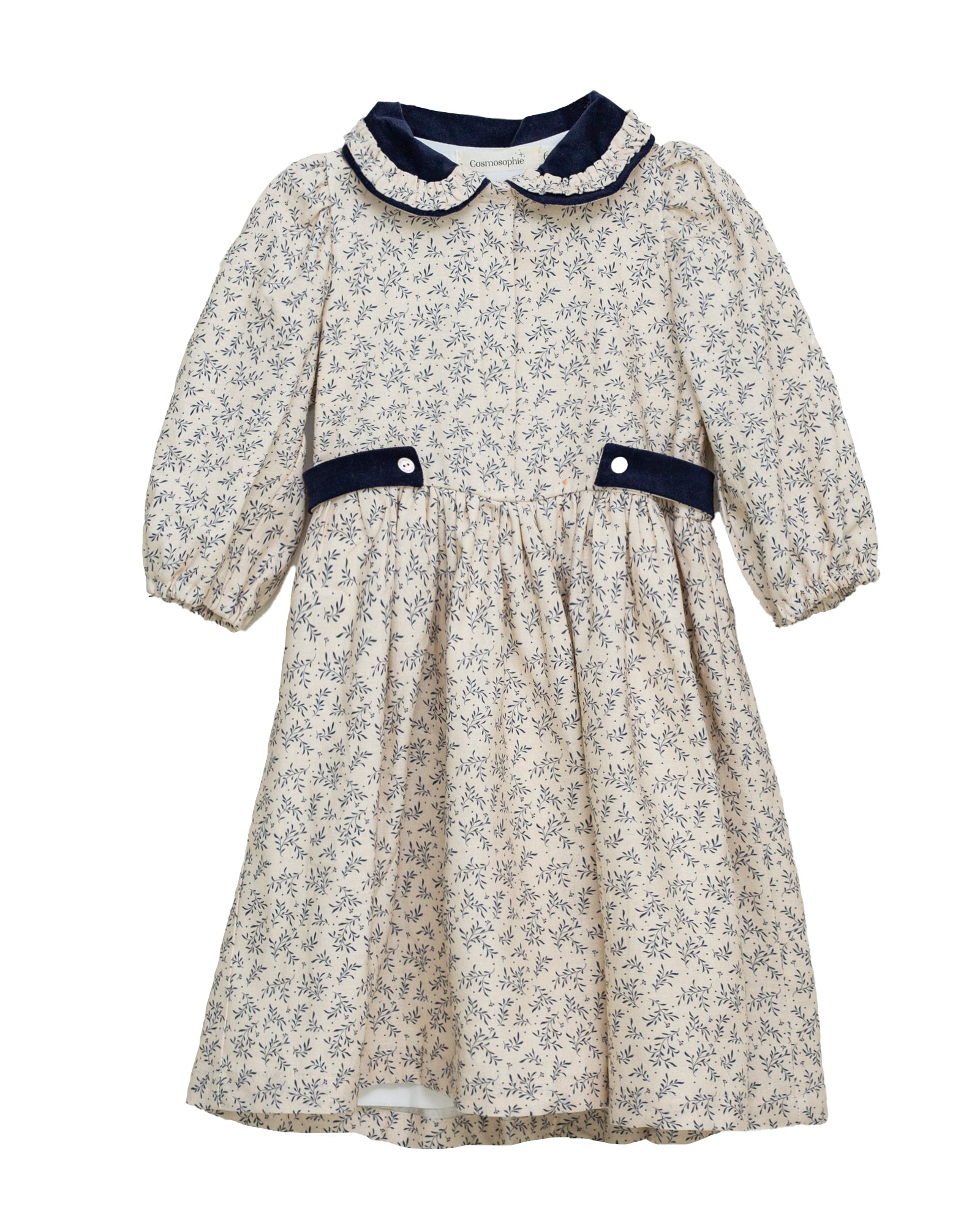 Vestido lino beige con flores azul marino y cuello terciopelo Cosmosophie