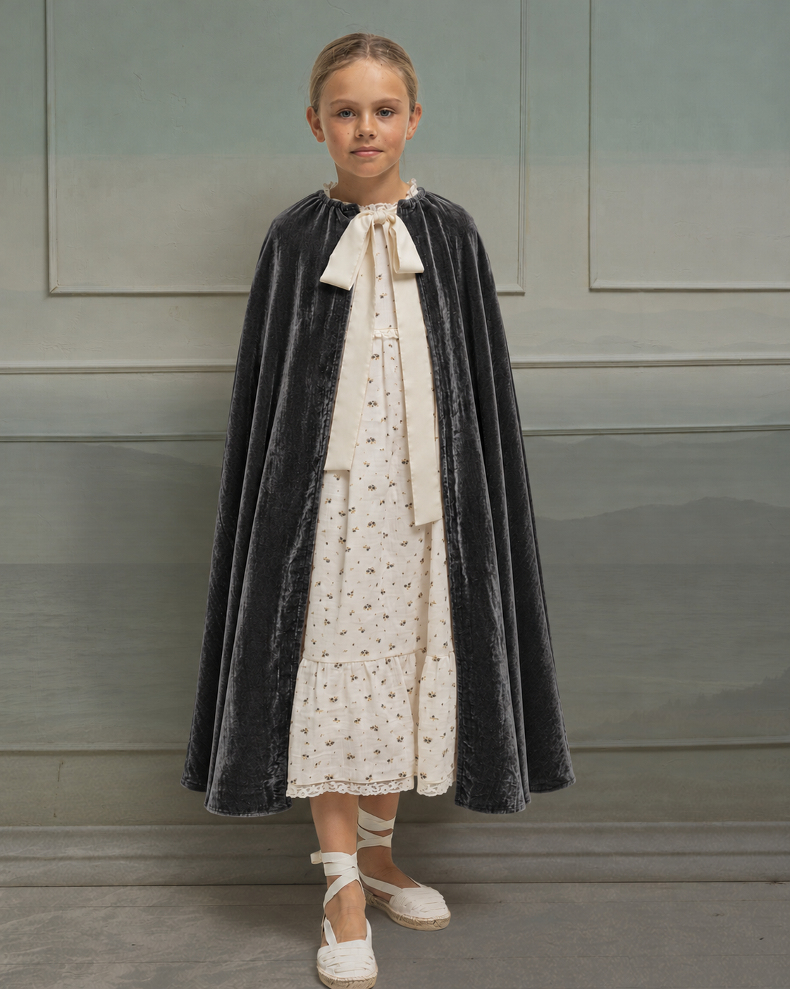Capa de terciopelo color gris oscuro para trajes de arras. Cosmosophie.com