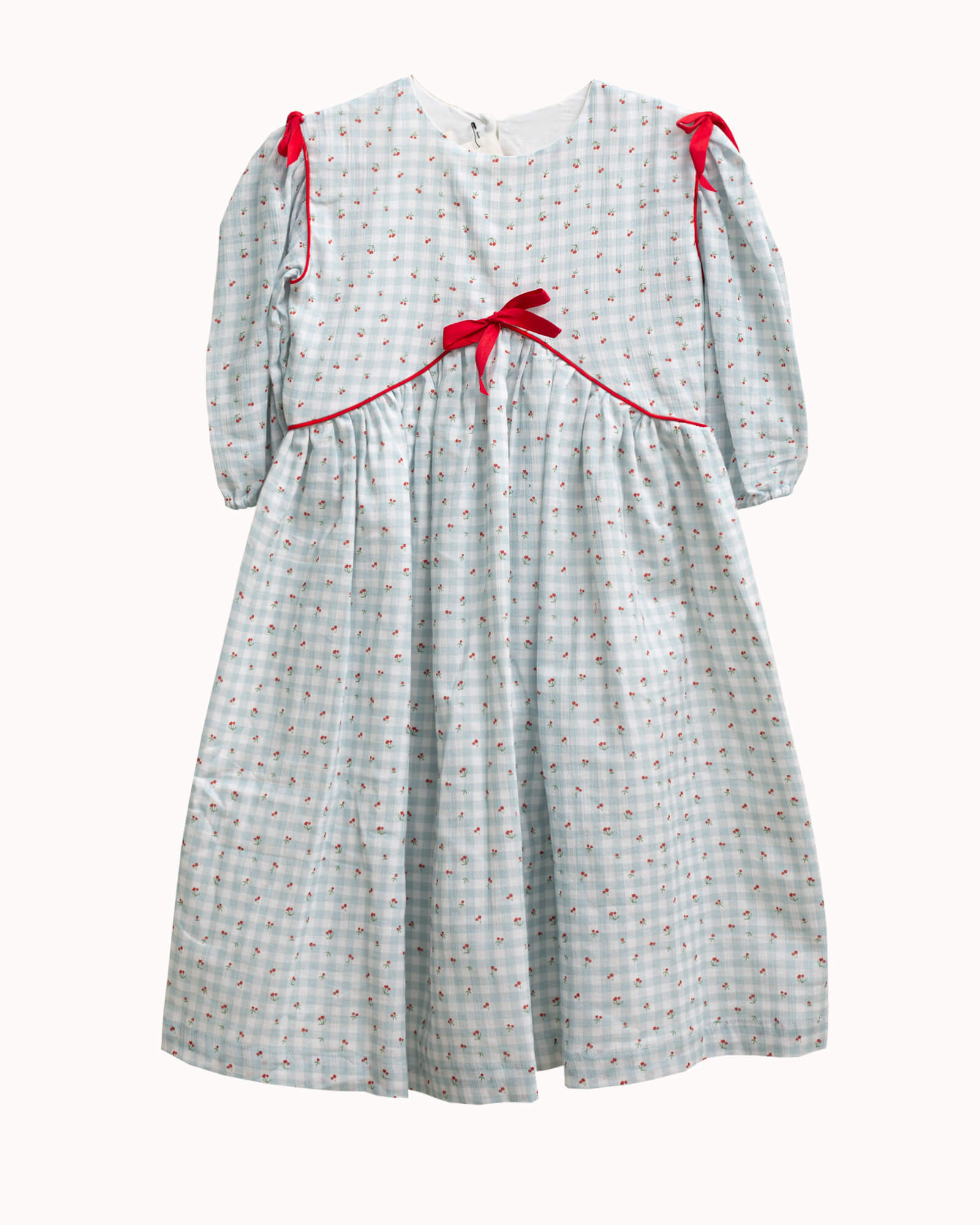 Vestido para niña invitada vichy azul con estampado de cerezas Cosmosophie